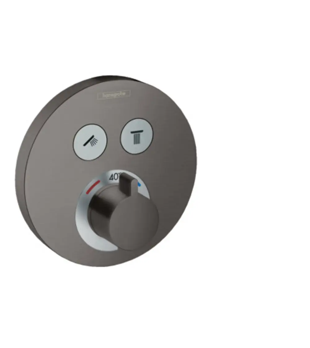 Thermostatsteuerung von Hansgrohe in Brushed Black Chrome, ausgestattet mit einem Drehknopf zur Temperaturregelung und zwei Schaltern für verschiedene Wasserquellen.